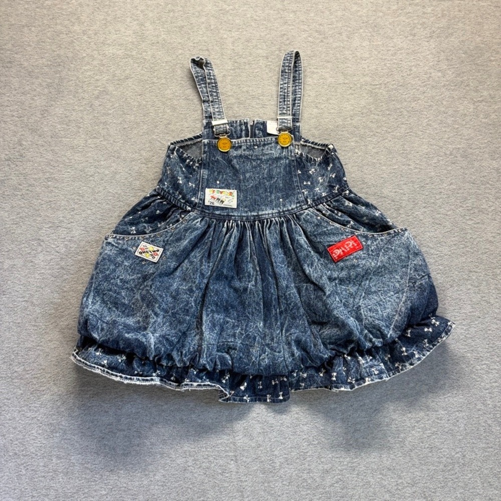 Vintage Lyra Girls Acid Wash Denim Bubble Hem Jumper Dress Novelty Patches Sz 5